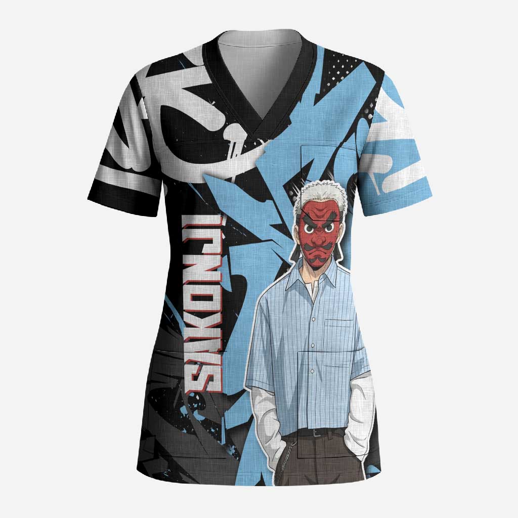 Sakonji Demon Slayer Scrub Top Blue Graffiti Anime Style