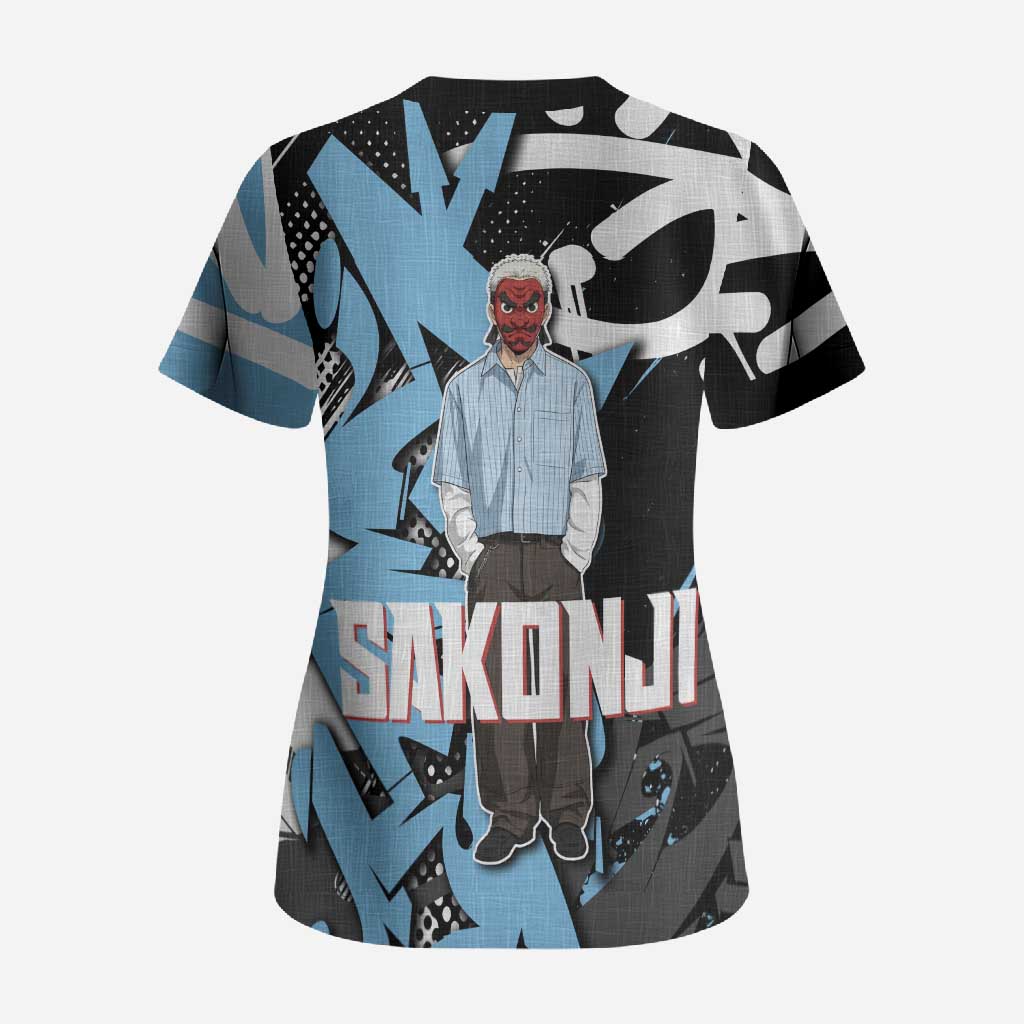 Sakonji Demon Slayer Scrub Top Blue Graffiti Anime Style