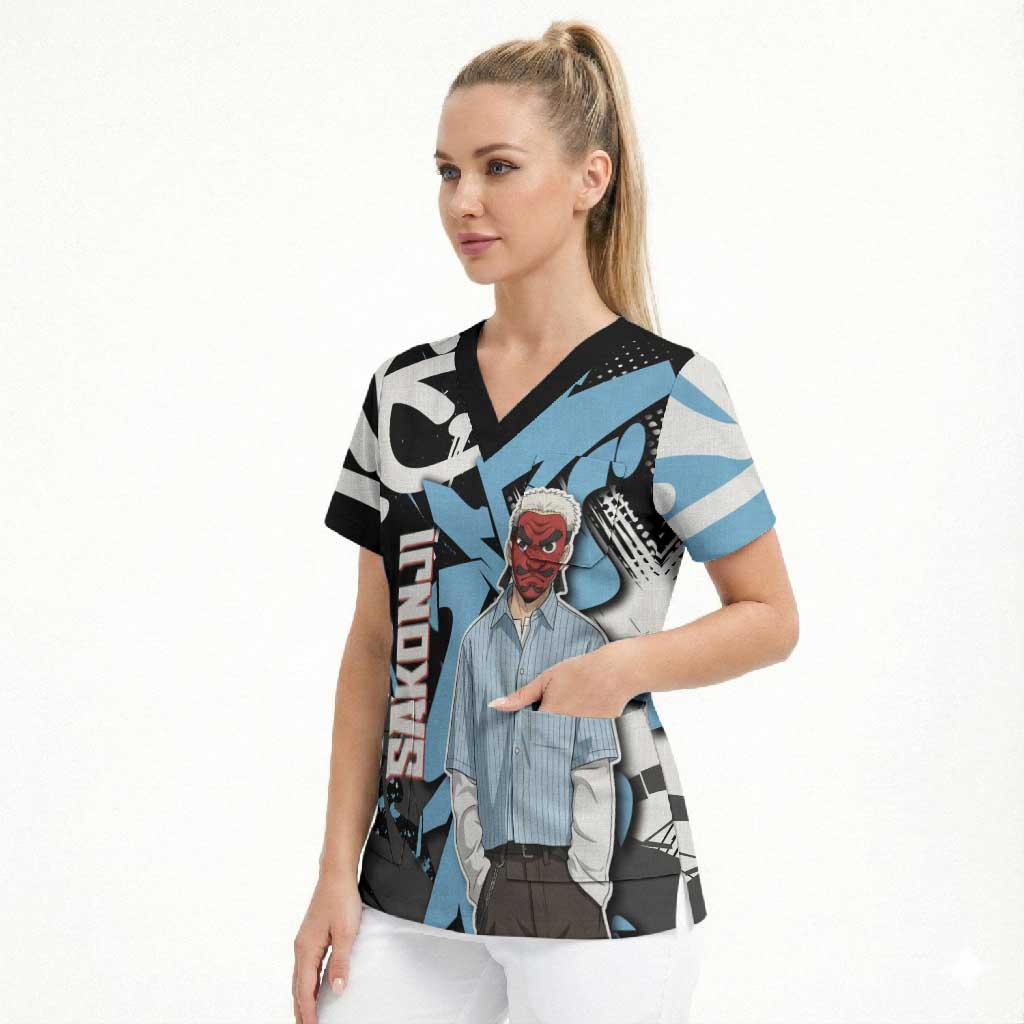 Sakonji Demon Slayer Scrub Top Blue Graffiti Anime Style
