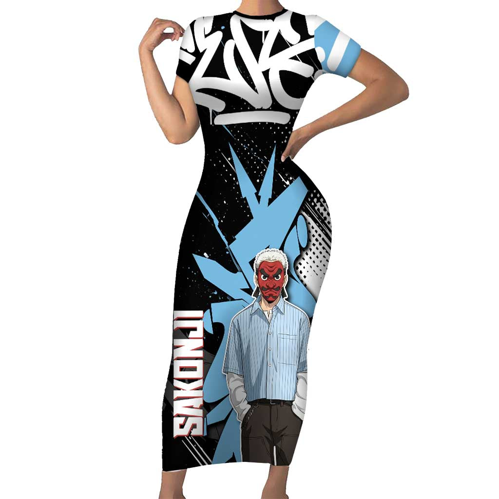 Sakonji Demon Slayer Short Sleeve Bodycon Dress Blue Graffiti Anime Style