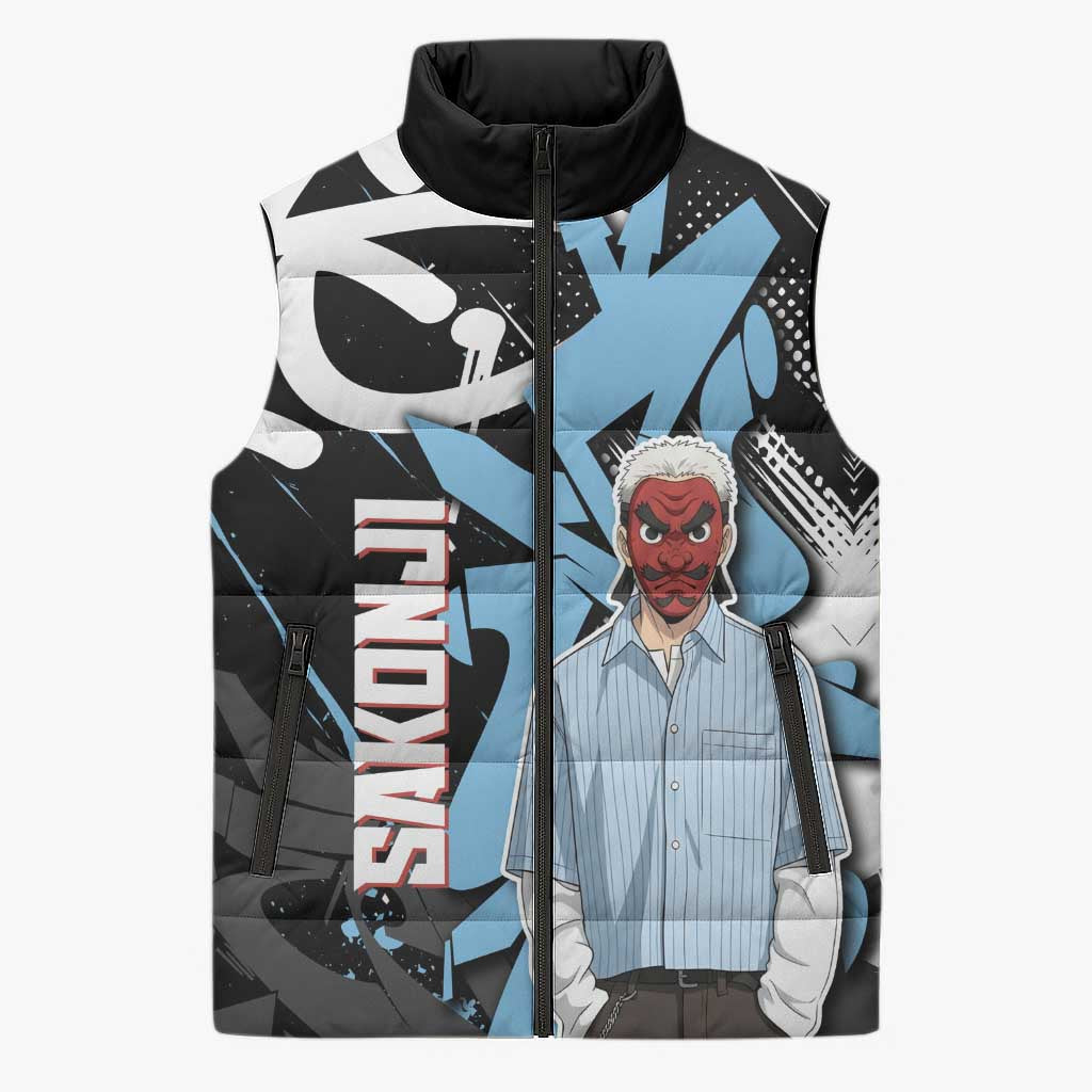 Sakonji Demon Slayer Sleeveless Puffer Jacket Blue Graffiti Anime Style