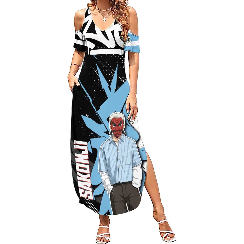 Sakonji Demon Slayer Summer Maxi Dress Blue Graffiti Anime Style