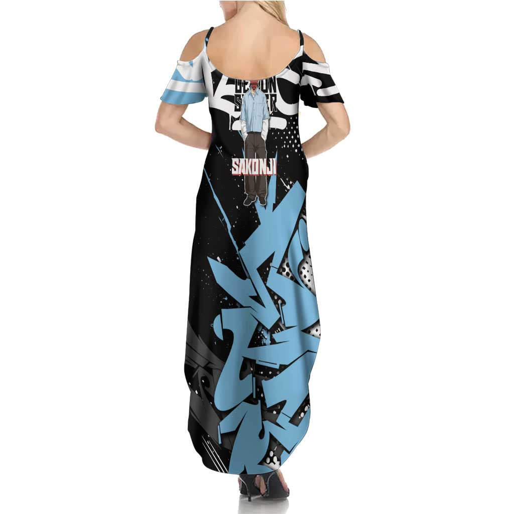 Sakonji Demon Slayer Summer Maxi Dress Blue Graffiti Anime Style