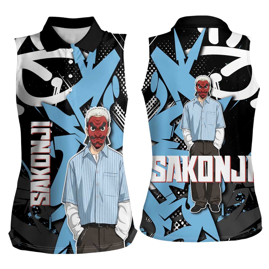 Sakonji Demon Slayer Women Sleeveless Polo Shirt Blue Graffiti Anime Style