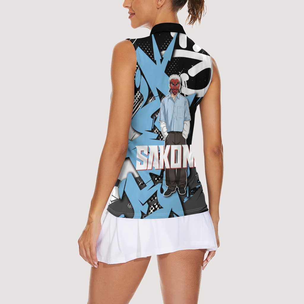 Sakonji Demon Slayer Women Sleeveless Polo Shirt Blue Graffiti Anime Style