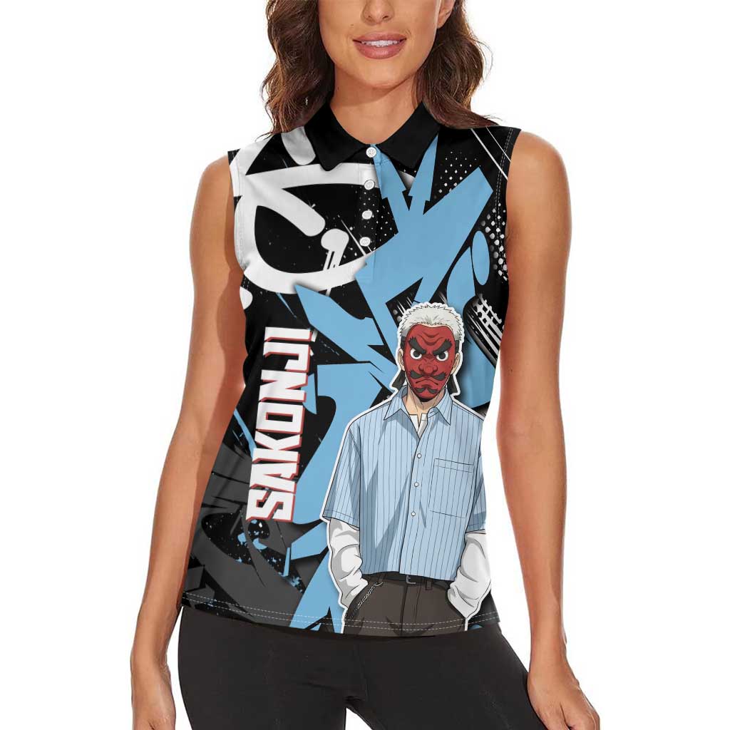 Sakonji Demon Slayer Women Sleeveless Polo Shirt Blue Graffiti Anime Style