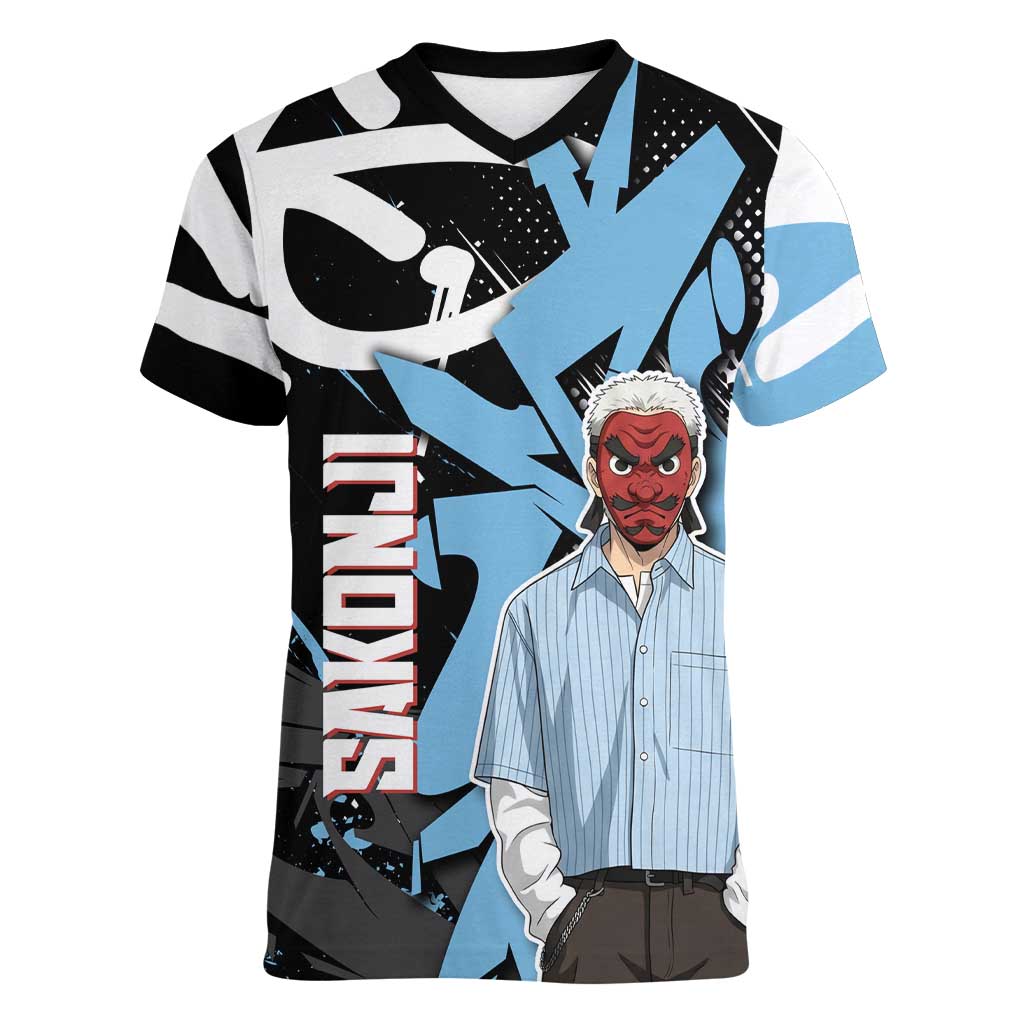 Sakonji Demon Slayer Women V-Neck T-Shirt Blue Graffiti Anime Style