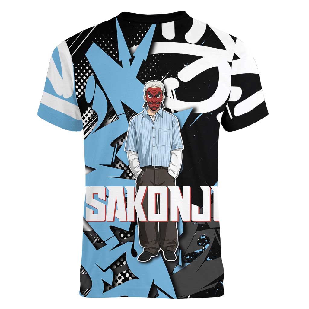 Sakonji Demon Slayer Women V-Neck T-Shirt Blue Graffiti Anime Style
