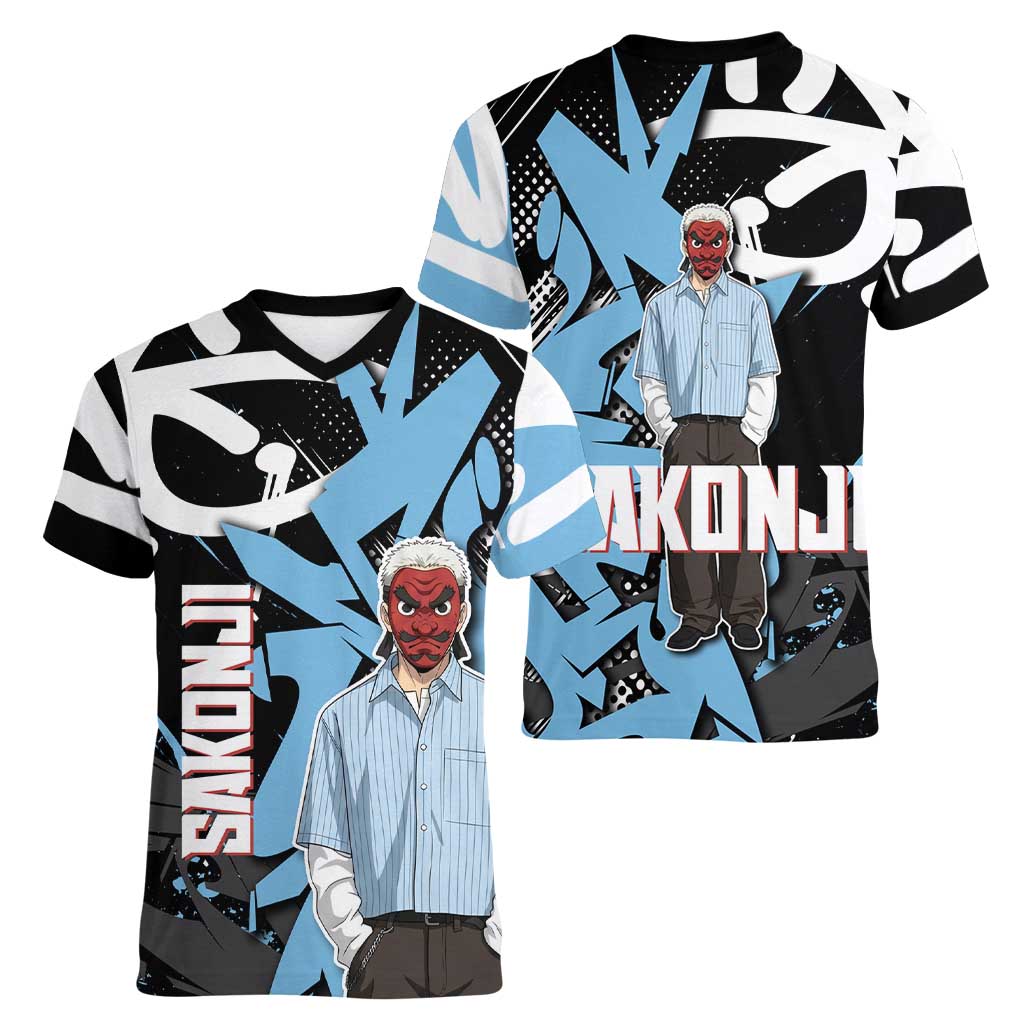 Sakonji Demon Slayer Women V-Neck T-Shirt Blue Graffiti Anime Style