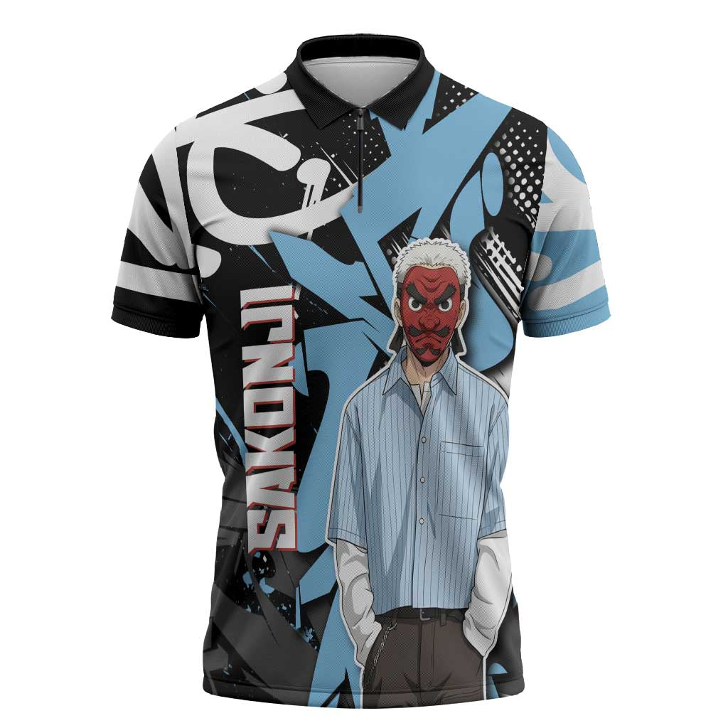 Sakonji Demon Slayer Zipper Polo Shirt Blue Graffiti Anime Style