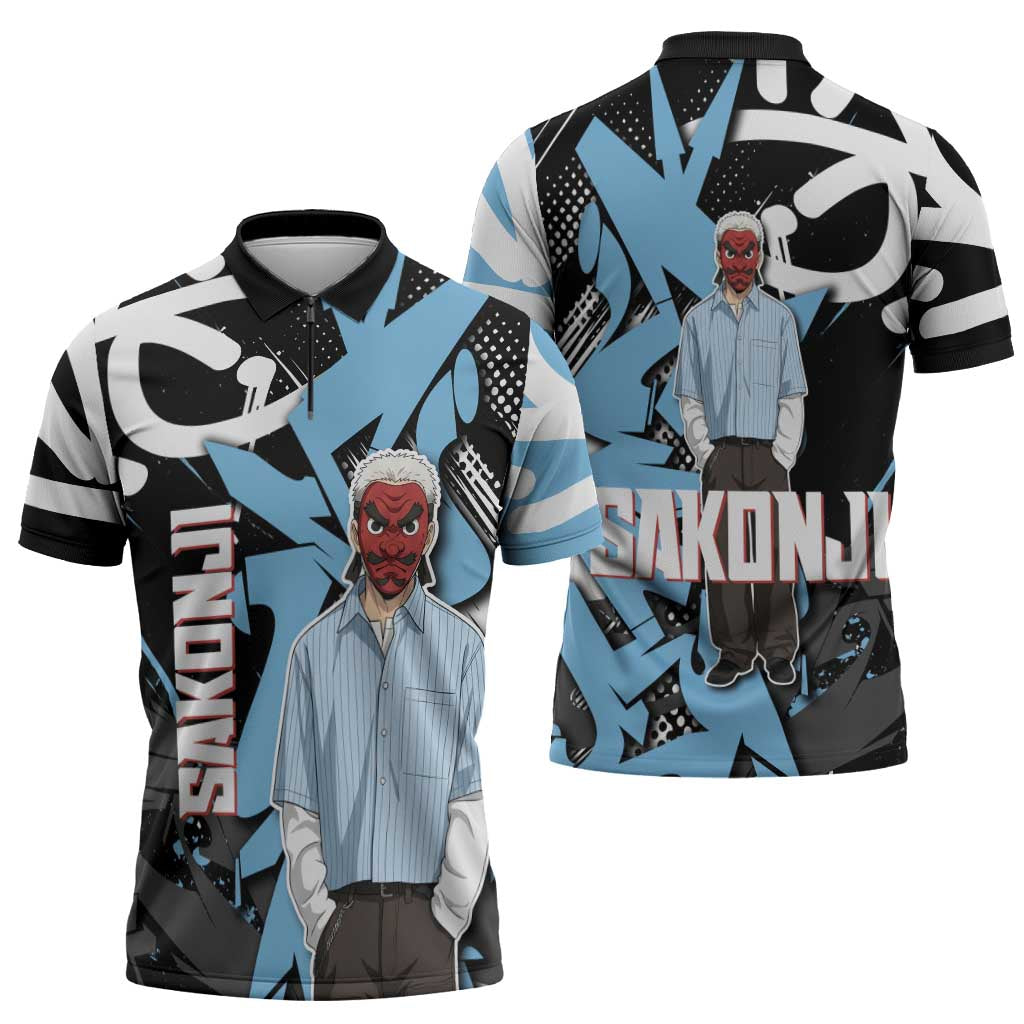Sakonji Demon Slayer Zipper Polo Shirt Blue Graffiti Anime Style