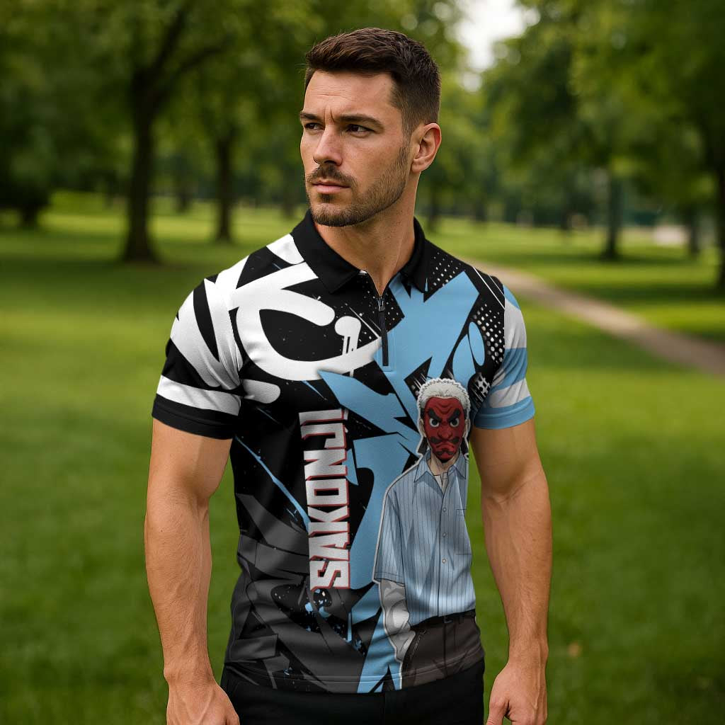 Sakonji Demon Slayer Zipper Polo Shirt Blue Graffiti Anime Style