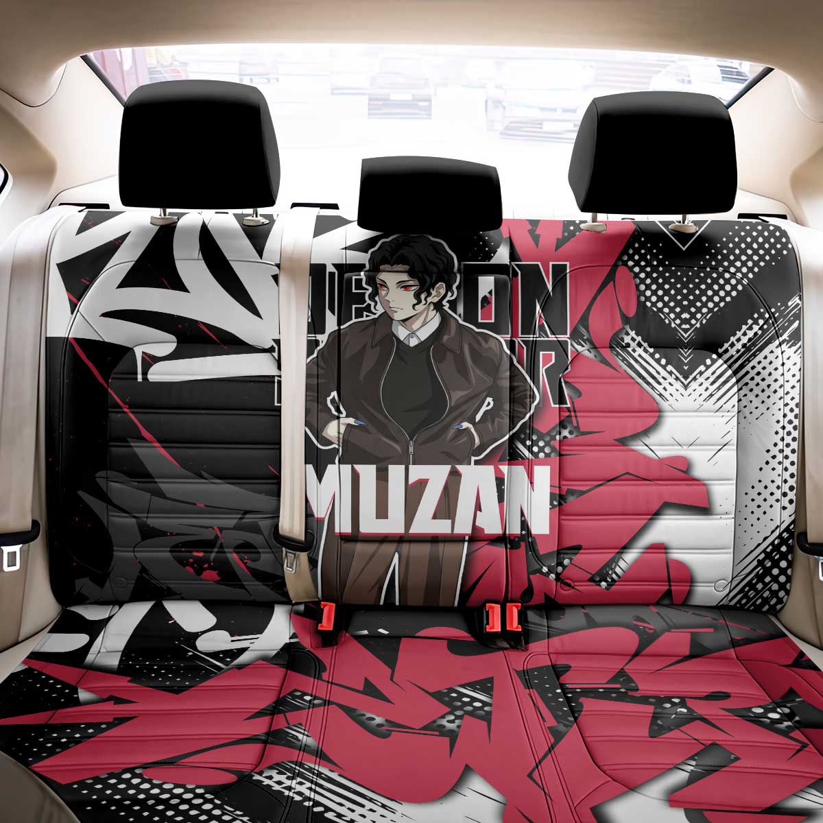 Muzan Demon Slayer Back Car Seat Cover Red Graffiti Anime Aesthetic