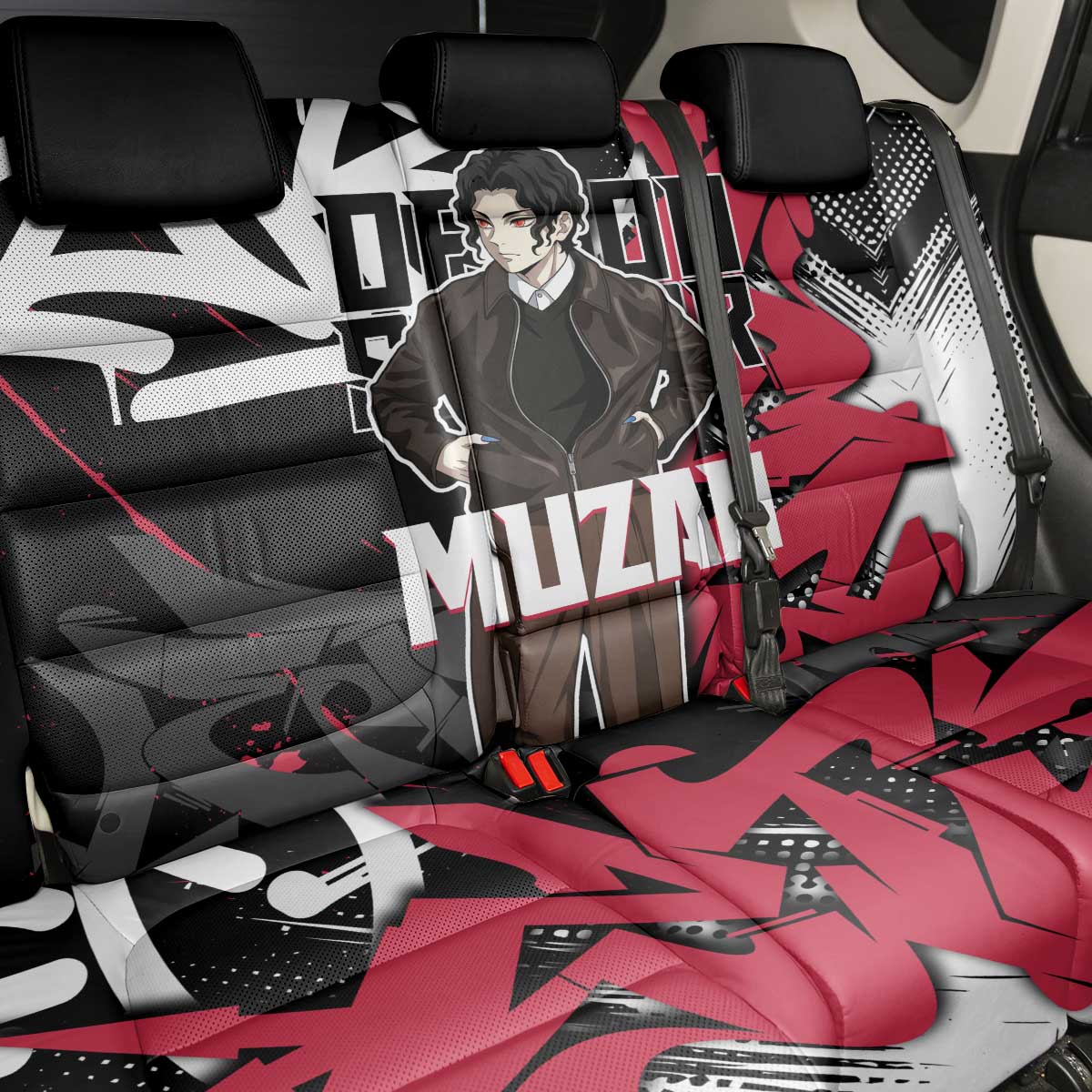 Muzan Demon Slayer Back Car Seat Cover Red Graffiti Anime Aesthetic