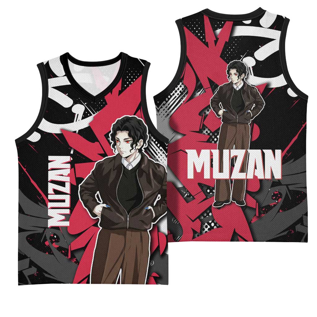 Muzan Demon Slayer Basketball Jersey Red Graffiti Anime Aesthetic