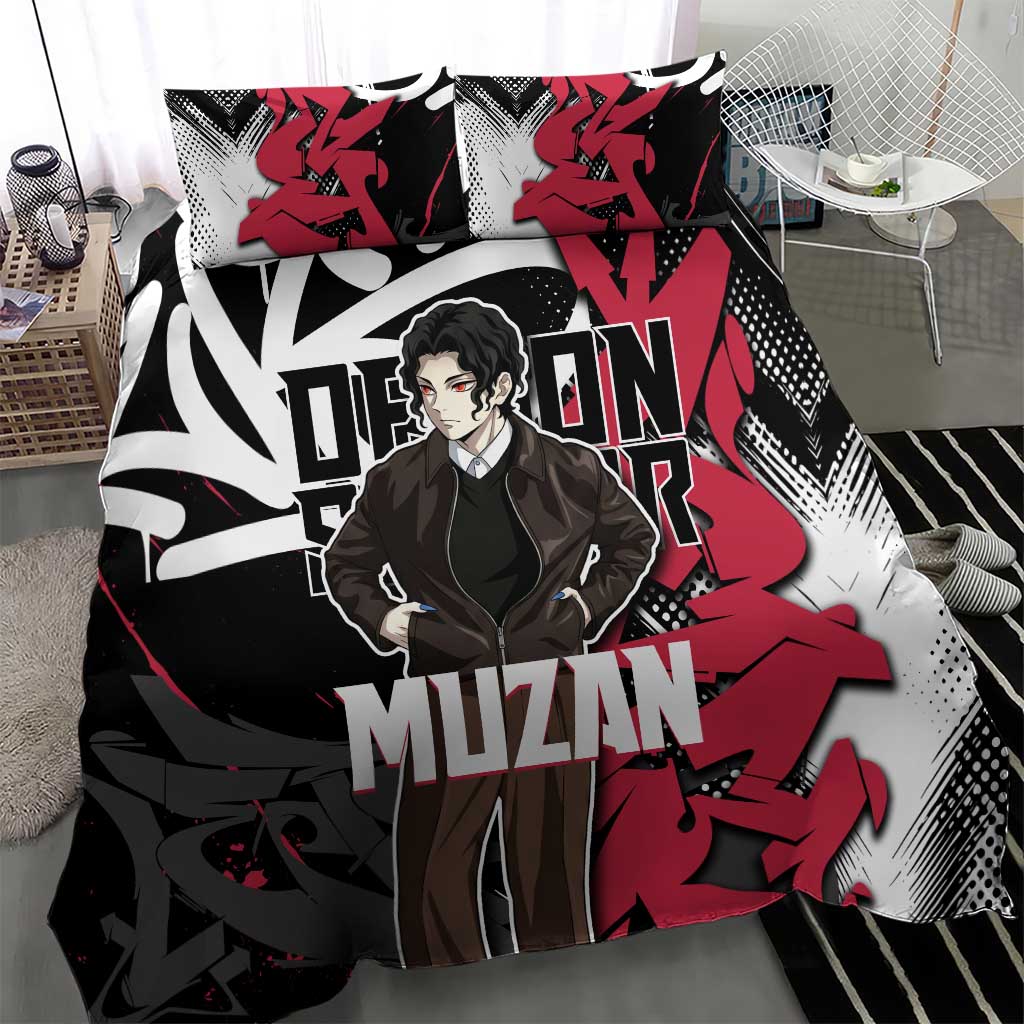 Muzan Demon Slayer Bedding Set Red Graffiti Anime Aesthetic