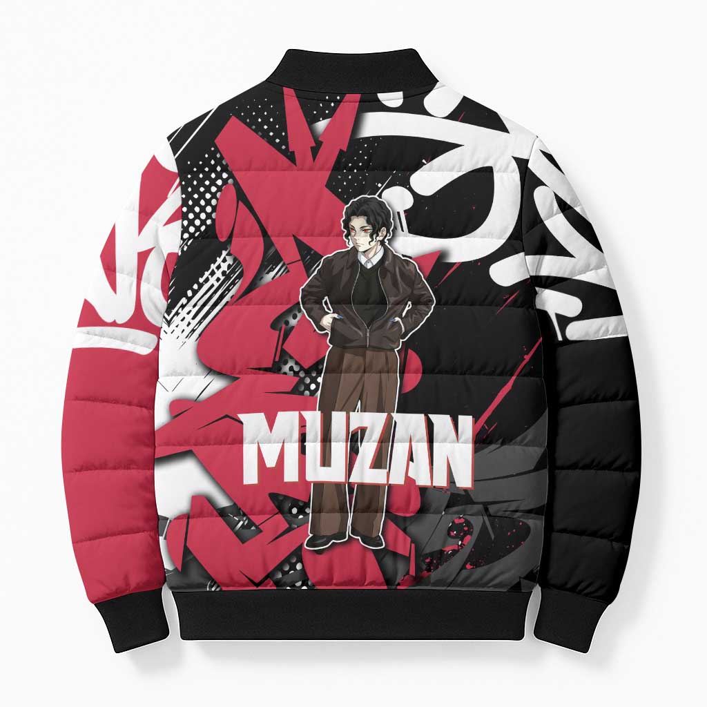 Muzan Demon Slayer Bomber Puffer Jacket Red Graffiti Anime Aesthetic