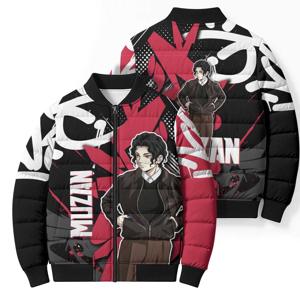 Muzan Demon Slayer Bomber Puffer Jacket Red Graffiti Anime Aesthetic