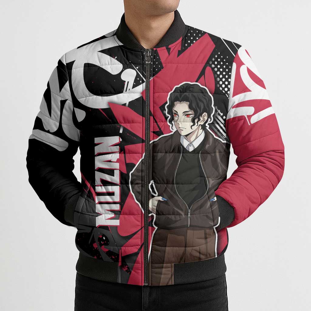 Muzan Demon Slayer Bomber Puffer Jacket Red Graffiti Anime Aesthetic