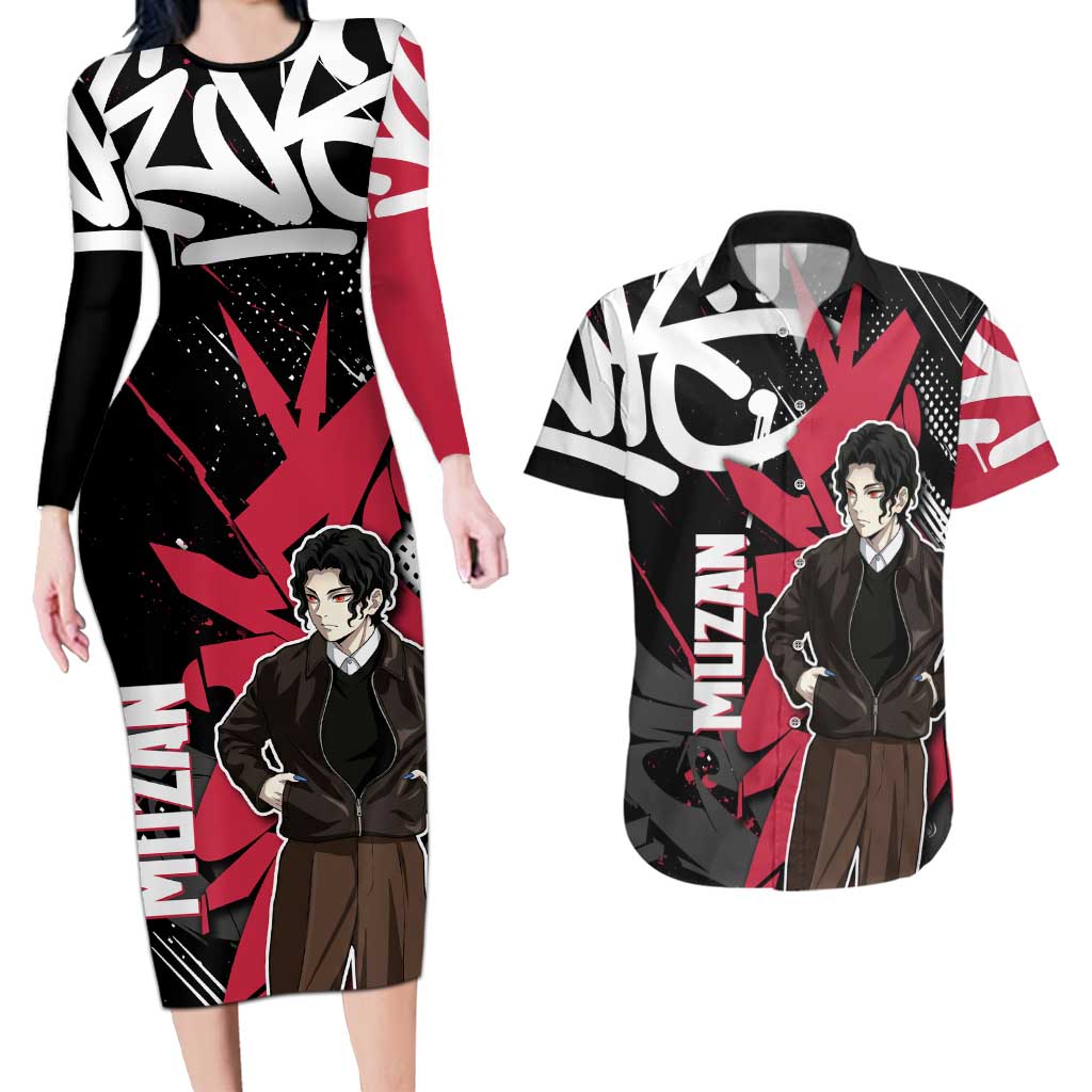 Muzan Demon Slayer Couples Matching Long Sleeve Bodycon Dress and Hawaiian Shirt Red Graffiti Anime Aesthetic
