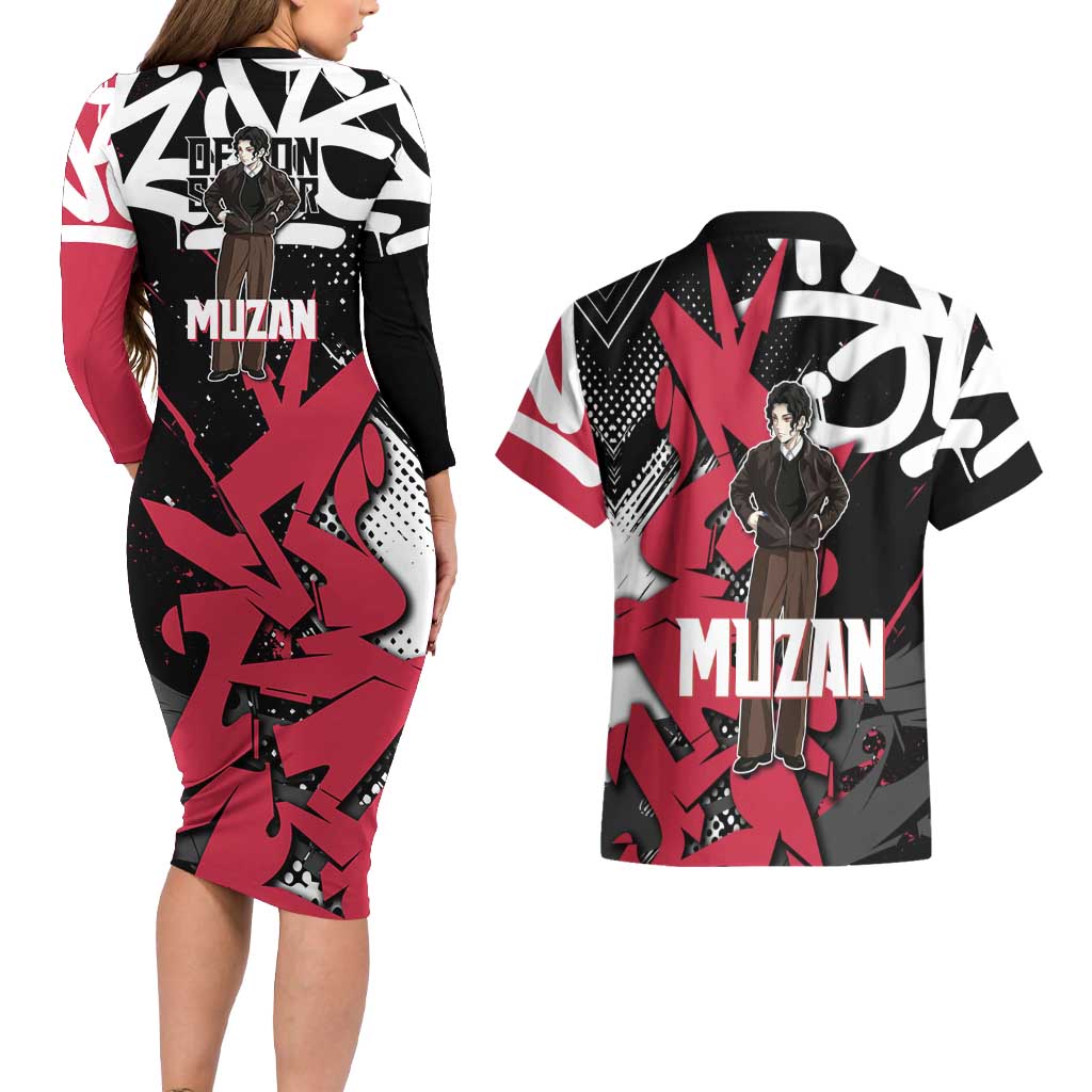 Muzan Demon Slayer Couples Matching Long Sleeve Bodycon Dress and Hawaiian Shirt Red Graffiti Anime Aesthetic