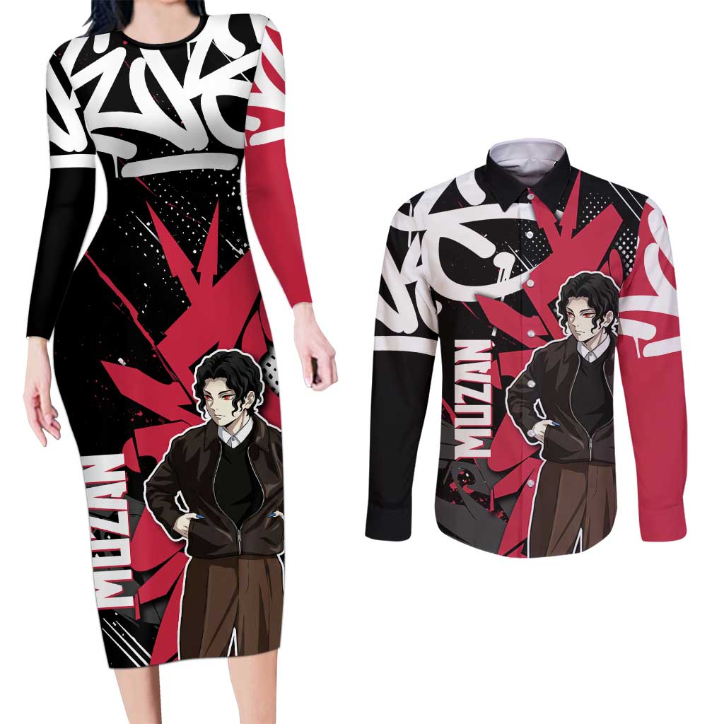 Muzan Demon Slayer Couples Matching Long Sleeve Bodycon Dress and Long Sleeve Button Shirt Red Graffiti Anime Aesthetic
