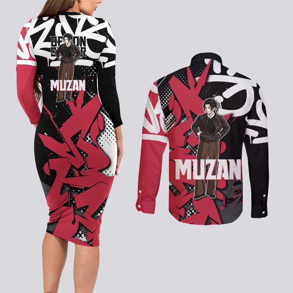 Muzan Demon Slayer Couples Matching Long Sleeve Bodycon Dress and Long Sleeve Button Shirt Red Graffiti Anime Aesthetic