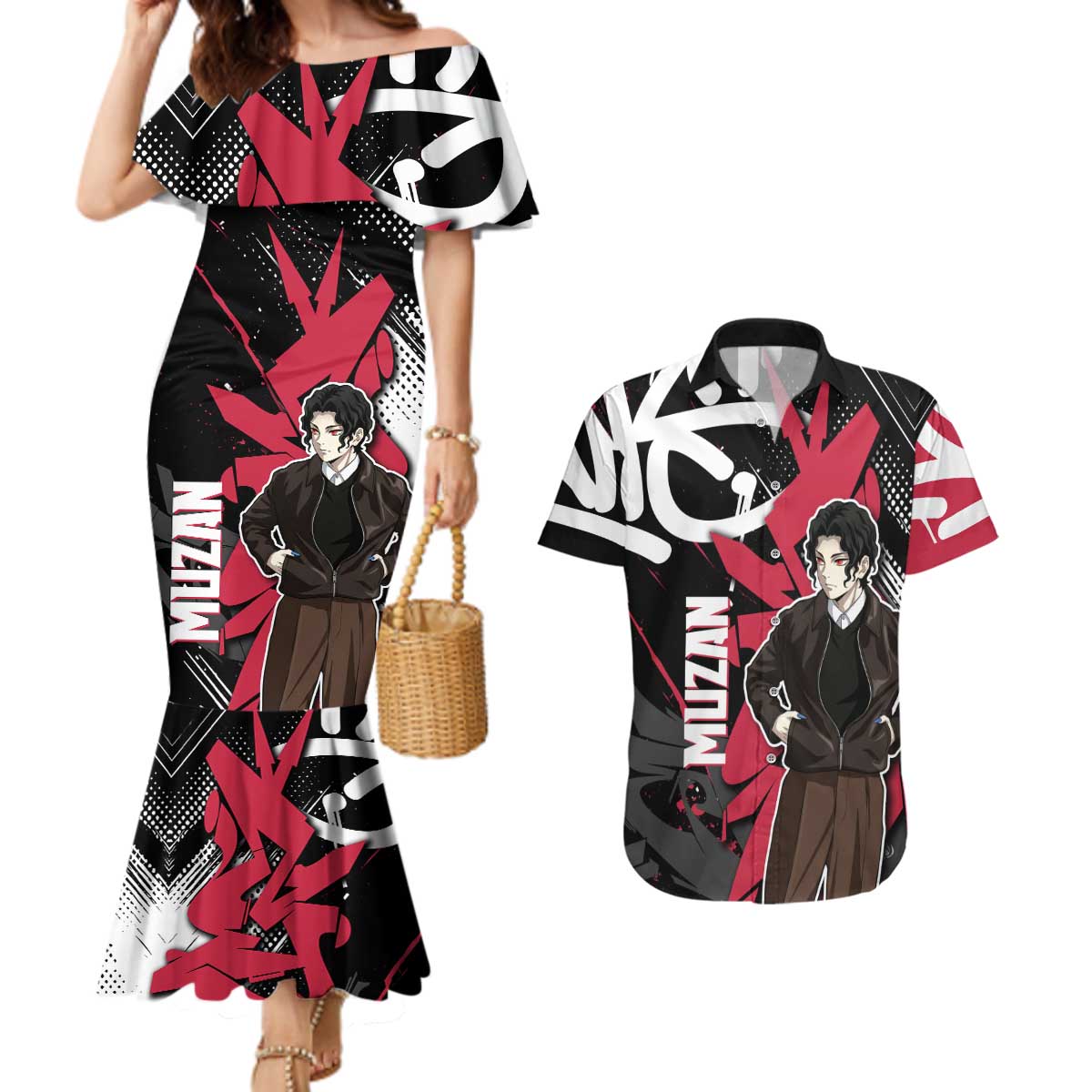 Muzan Demon Slayer Couples Matching Mermaid Dress and Hawaiian Shirt Red Graffiti Anime Aesthetic