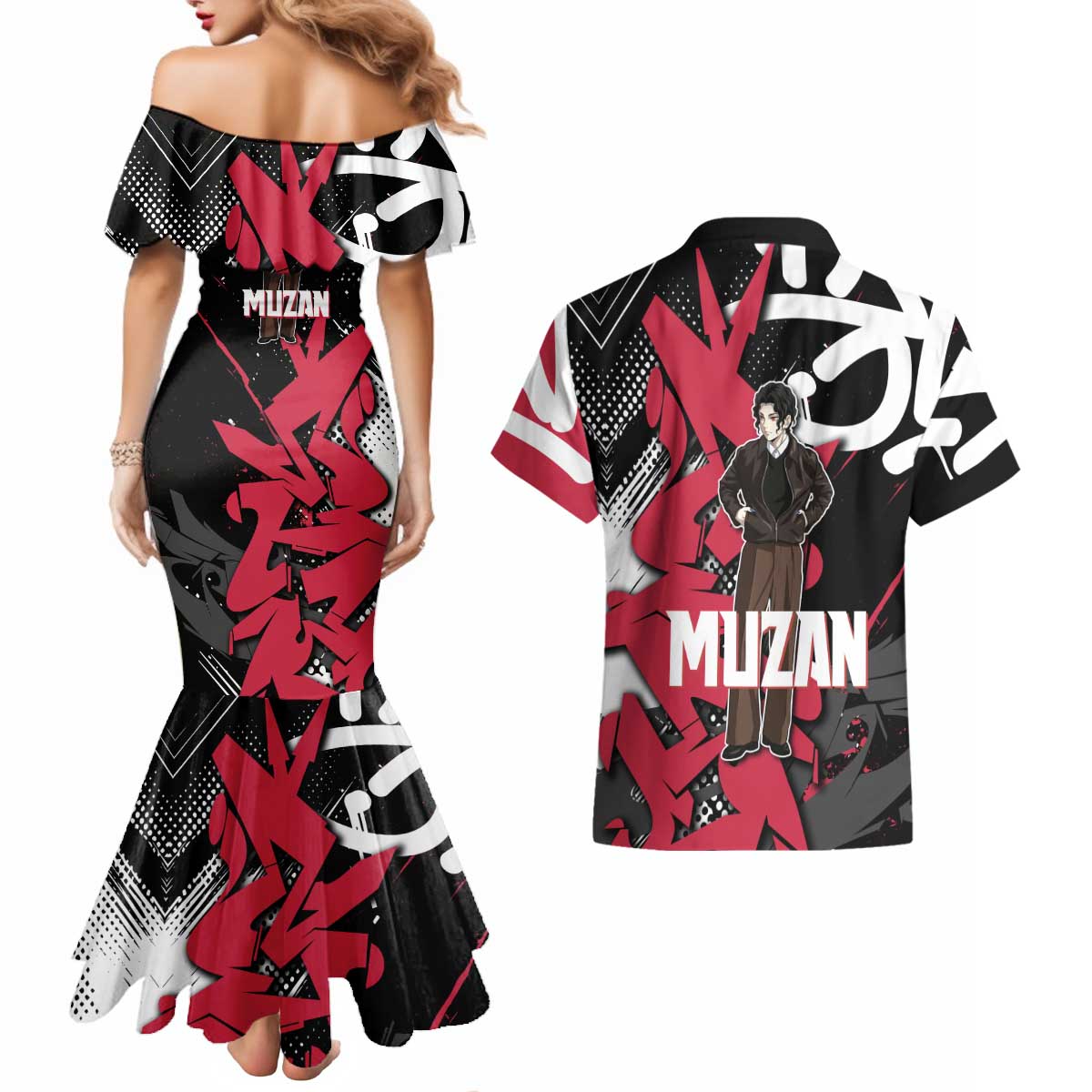 Muzan Demon Slayer Couples Matching Mermaid Dress and Hawaiian Shirt Red Graffiti Anime Aesthetic