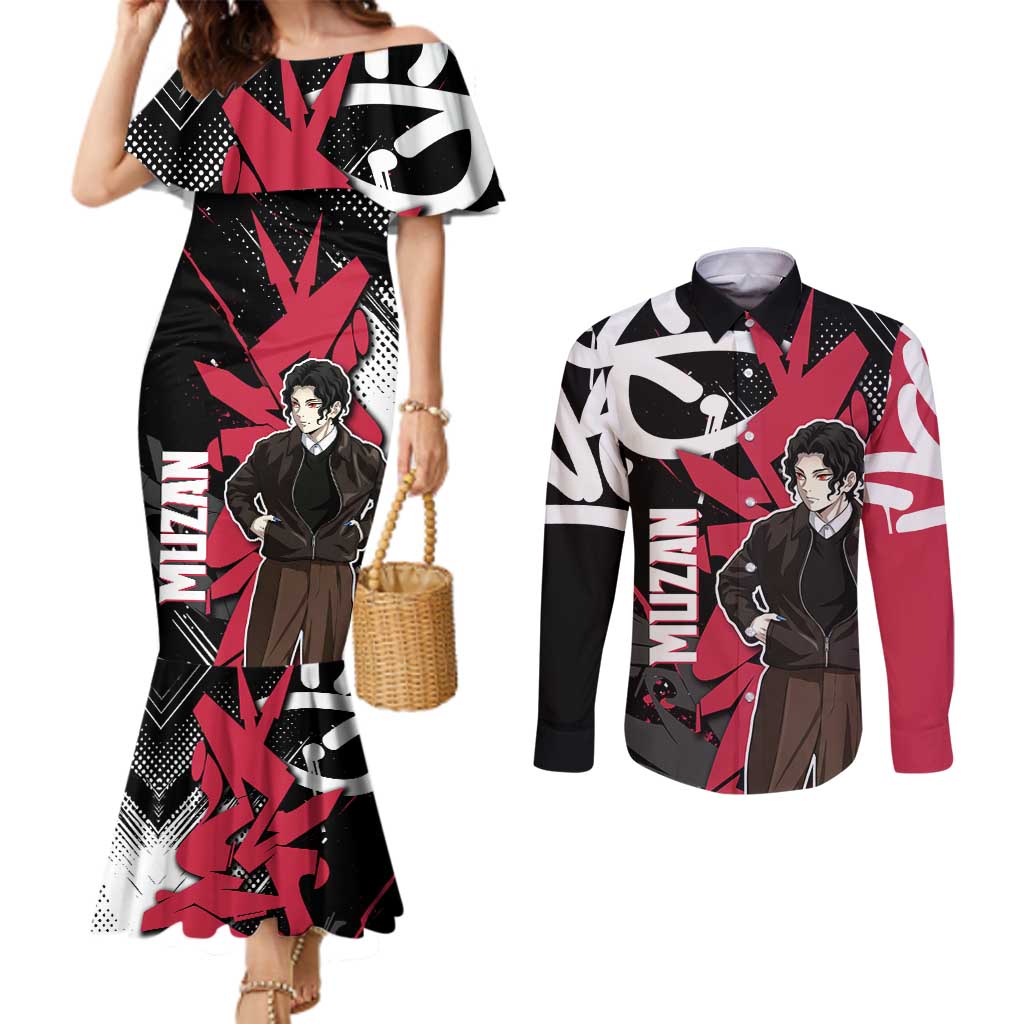 Muzan Demon Slayer Couples Matching Mermaid Dress and Long Sleeve Button Shirt Red Graffiti Anime Aesthetic
