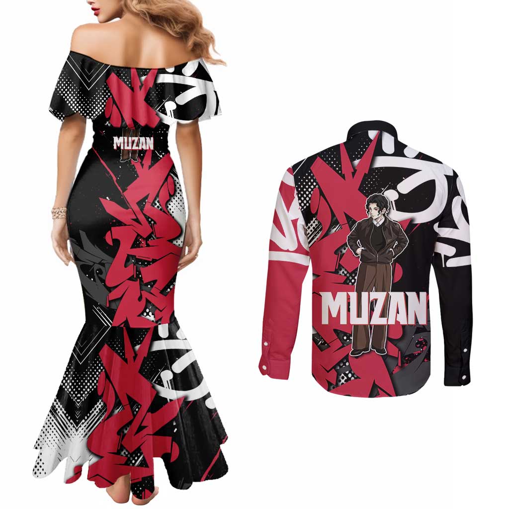 Muzan Demon Slayer Couples Matching Mermaid Dress and Long Sleeve Button Shirt Red Graffiti Anime Aesthetic