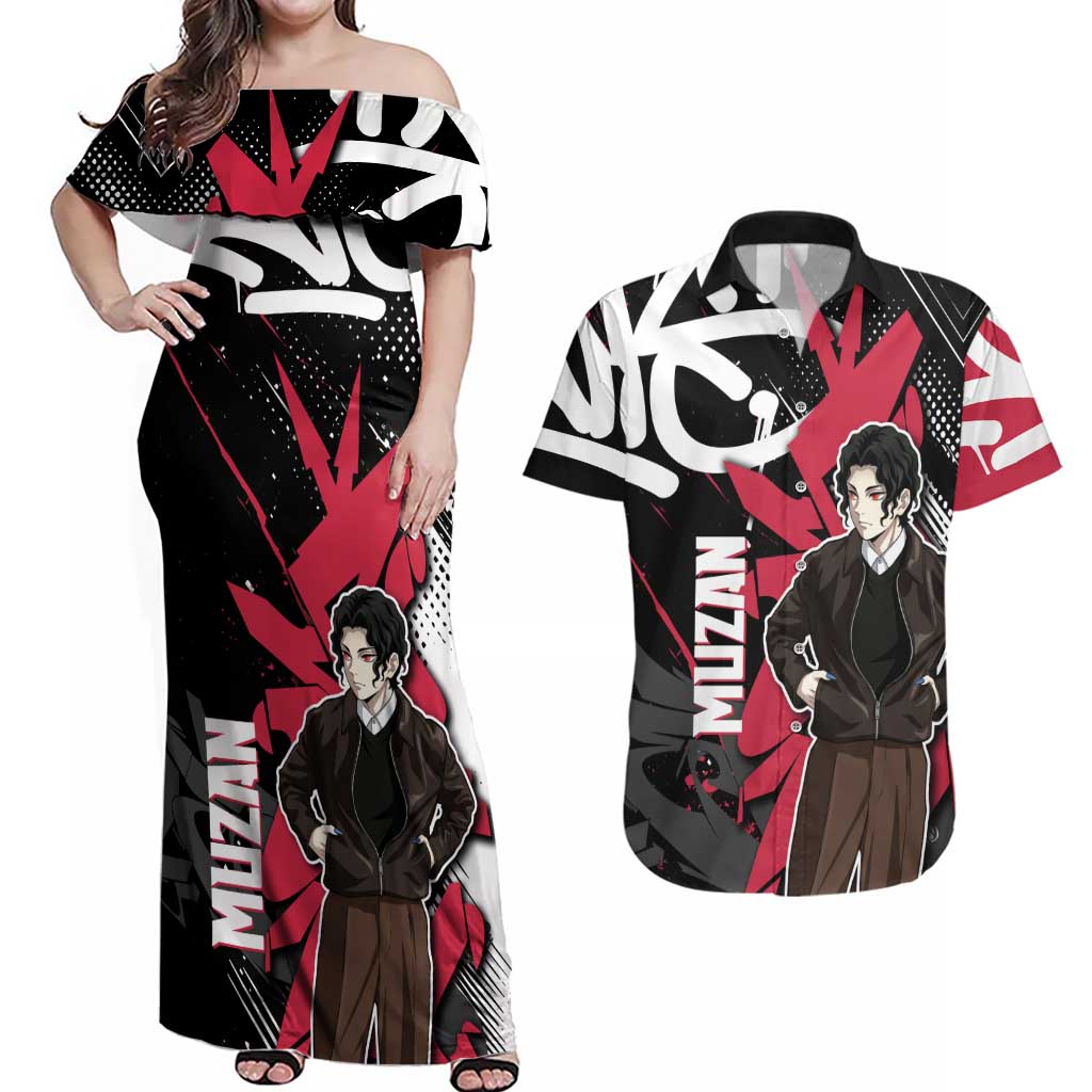 Muzan Demon Slayer Couples Matching Off Shoulder Maxi Dress and Hawaiian Shirt Red Graffiti Anime Aesthetic