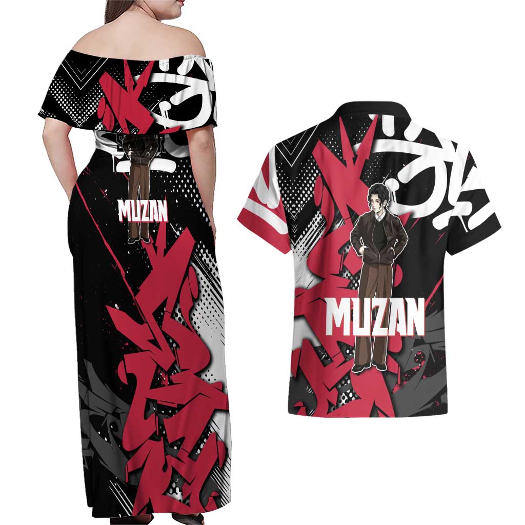 Muzan Demon Slayer Couples Matching Off Shoulder Maxi Dress and Hawaiian Shirt Red Graffiti Anime Aesthetic