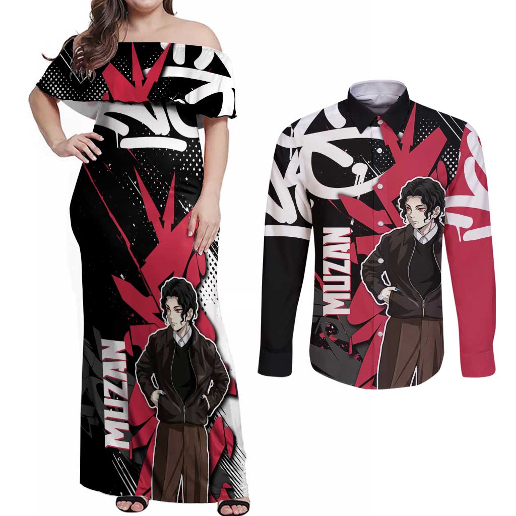 Muzan Demon Slayer Couples Matching Off Shoulder Maxi Dress and Long Sleeve Button Shirt Red Graffiti Anime Aesthetic