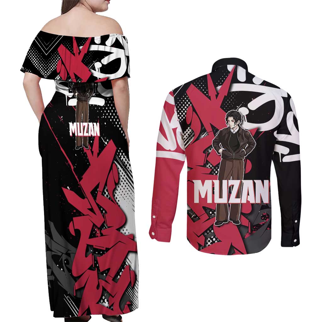 Muzan Demon Slayer Couples Matching Off Shoulder Maxi Dress and Long Sleeve Button Shirt Red Graffiti Anime Aesthetic