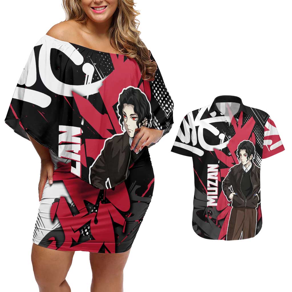 Muzan Demon Slayer Couples Matching Off Shoulder Short Dress and Hawaiian Shirt Red Graffiti Anime Aesthetic