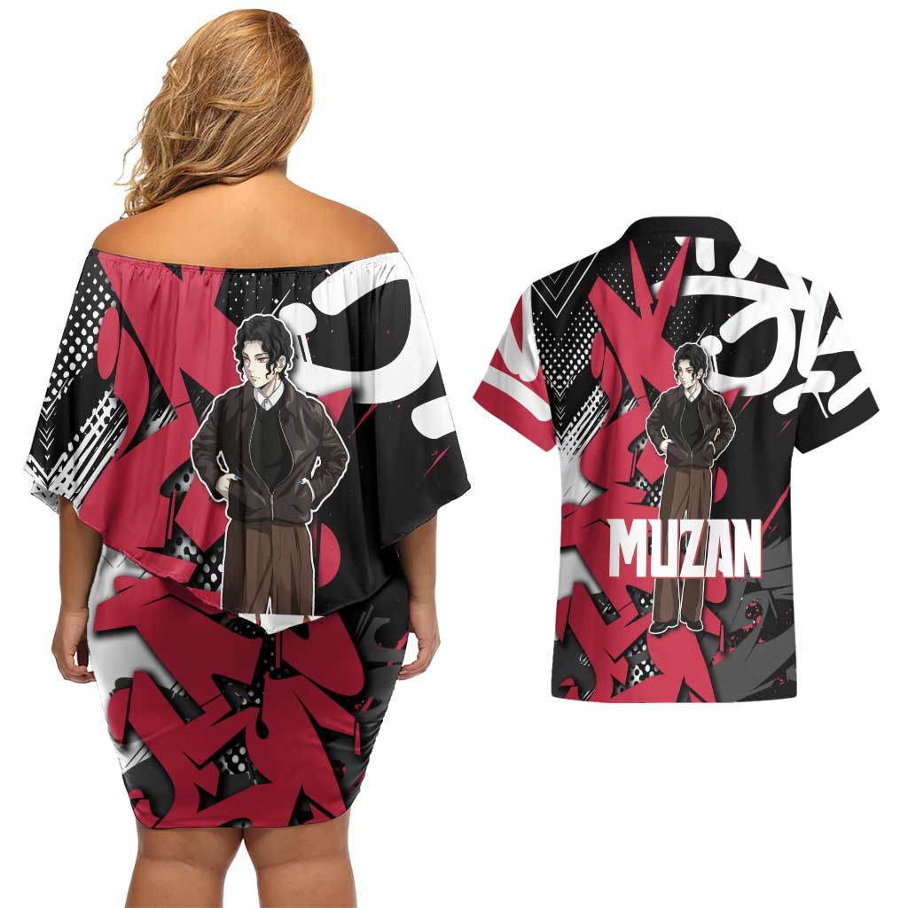 Muzan Demon Slayer Couples Matching Off Shoulder Short Dress and Hawaiian Shirt Red Graffiti Anime Aesthetic