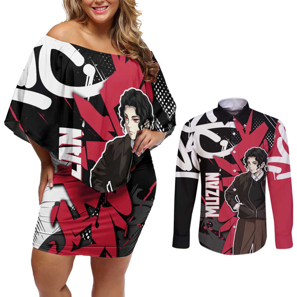 Muzan Demon Slayer Couples Matching Off Shoulder Short Dress and Long Sleeve Button Shirt Red Graffiti Anime Aesthetic