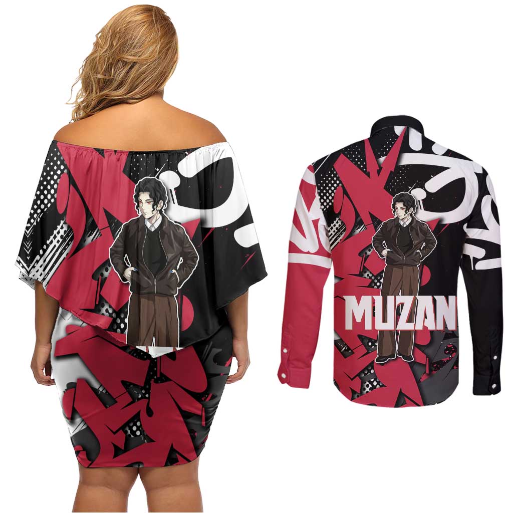 Muzan Demon Slayer Couples Matching Off Shoulder Short Dress and Long Sleeve Button Shirt Red Graffiti Anime Aesthetic