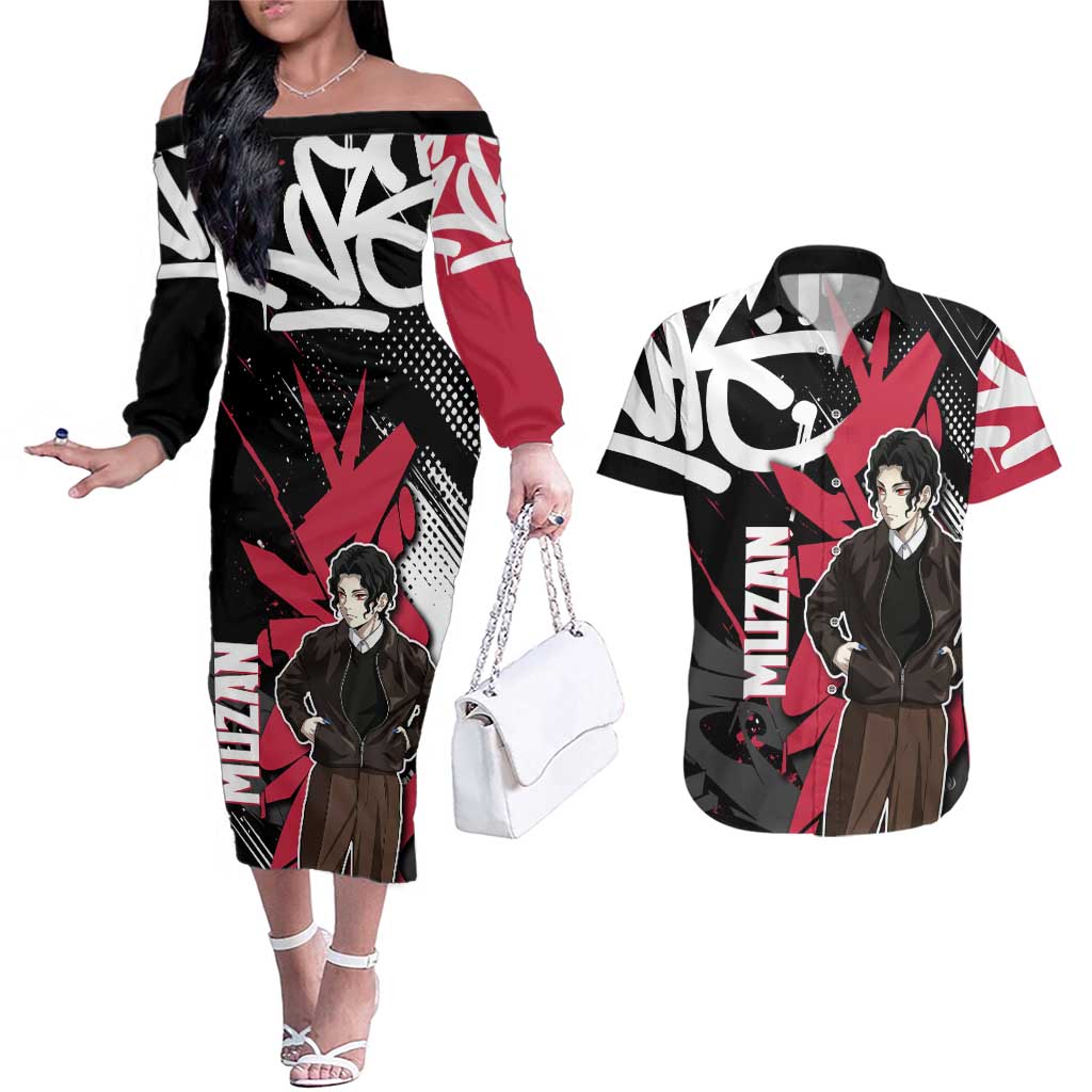 Muzan Demon Slayer Couples Matching Off The Shoulder Long Sleeve Dress and Hawaiian Shirt Red Graffiti Anime Aesthetic