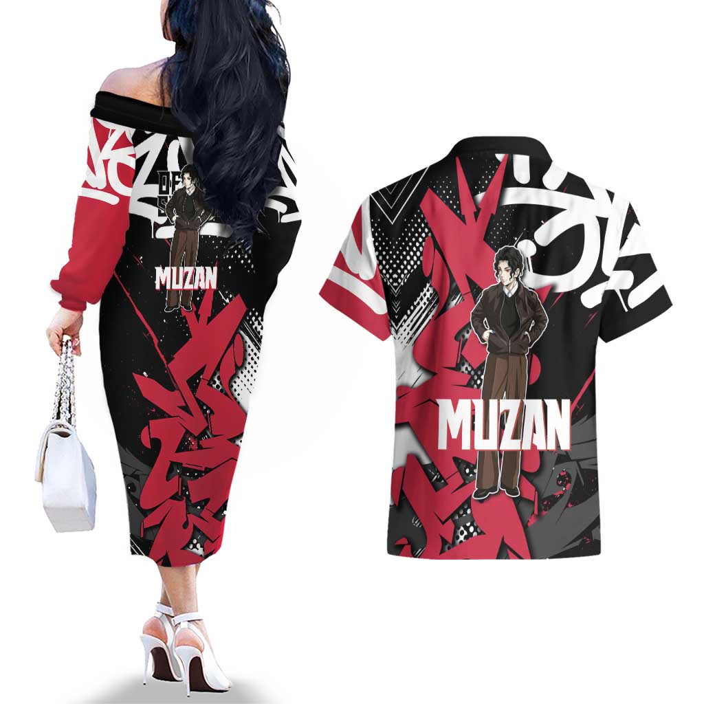 Muzan Demon Slayer Couples Matching Off The Shoulder Long Sleeve Dress and Hawaiian Shirt Red Graffiti Anime Aesthetic