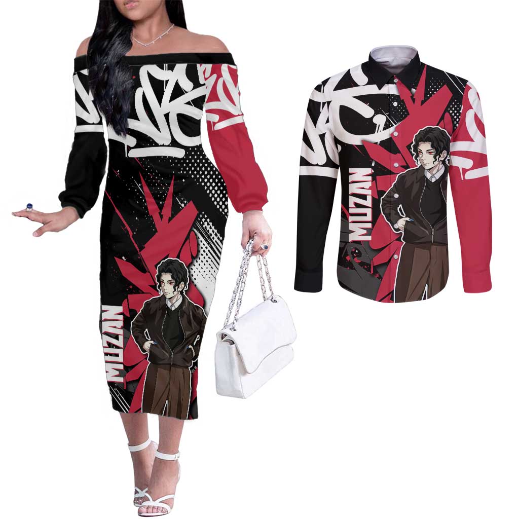 Muzan Demon Slayer Couples Matching Off The Shoulder Long Sleeve Dress and Long Sleeve Button Shirt Red Graffiti Anime Aesthetic