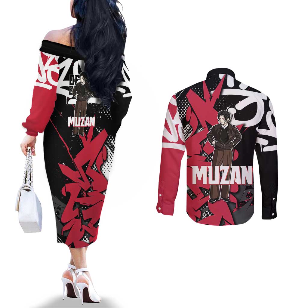 Muzan Demon Slayer Couples Matching Off The Shoulder Long Sleeve Dress and Long Sleeve Button Shirt Red Graffiti Anime Aesthetic