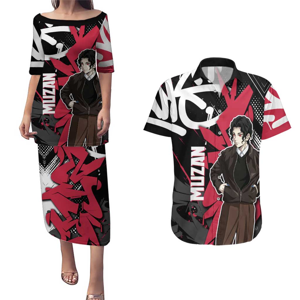 Muzan Demon Slayer Couples Matching Puletasi and Hawaiian Shirt Red Graffiti Anime Aesthetic