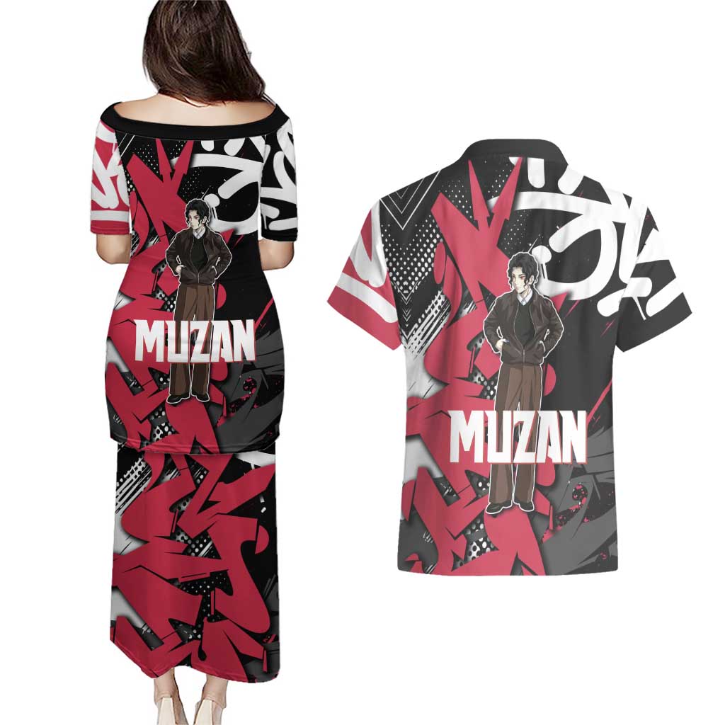 Muzan Demon Slayer Couples Matching Puletasi and Hawaiian Shirt Red Graffiti Anime Aesthetic