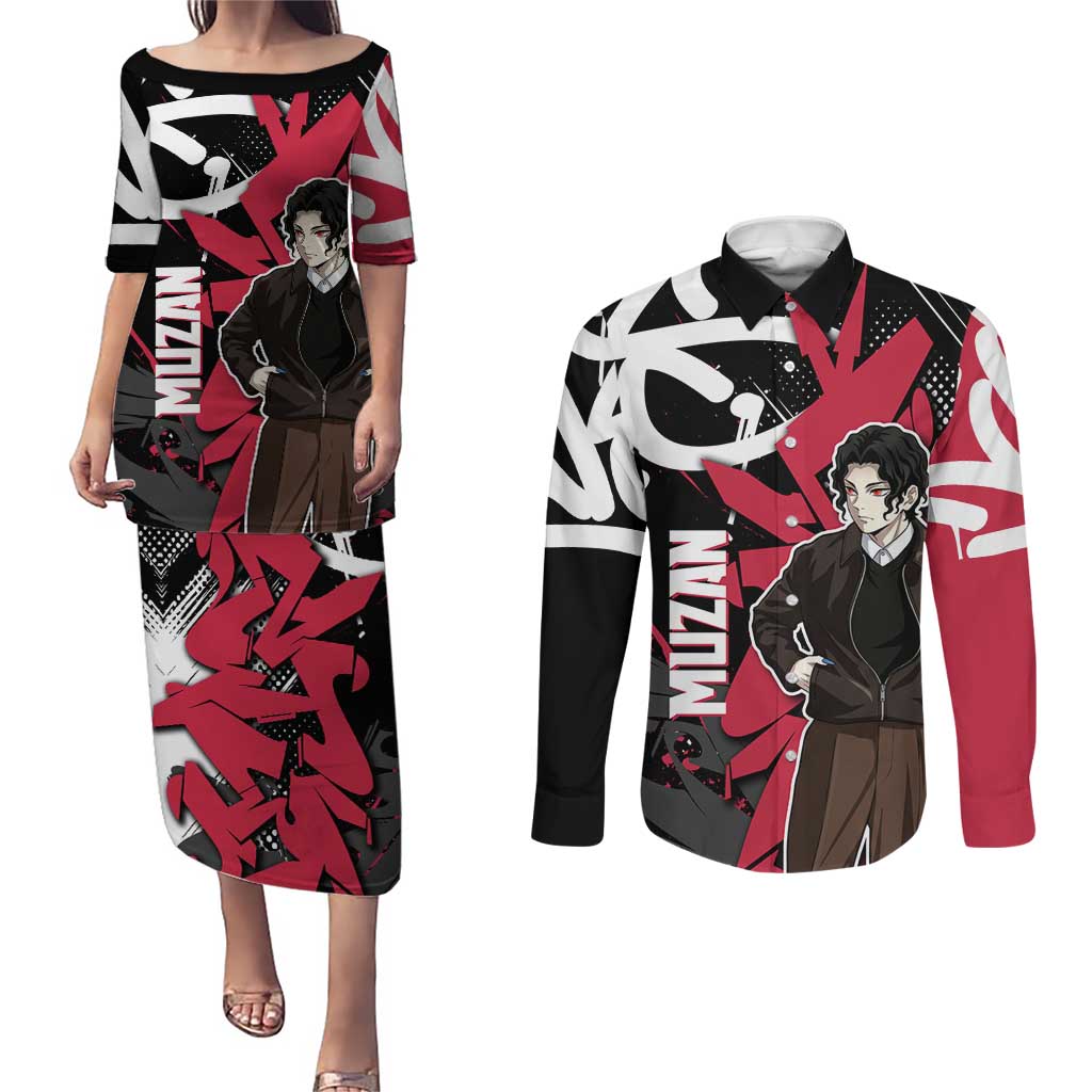 Muzan Demon Slayer Couples Matching Puletasi and Long Sleeve Button Shirt Red Graffiti Anime Aesthetic