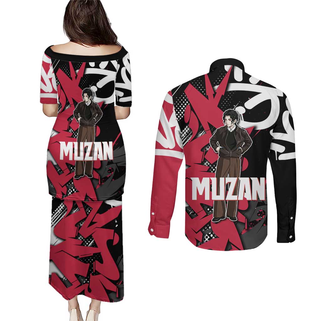 Muzan Demon Slayer Couples Matching Puletasi and Long Sleeve Button Shirt Red Graffiti Anime Aesthetic