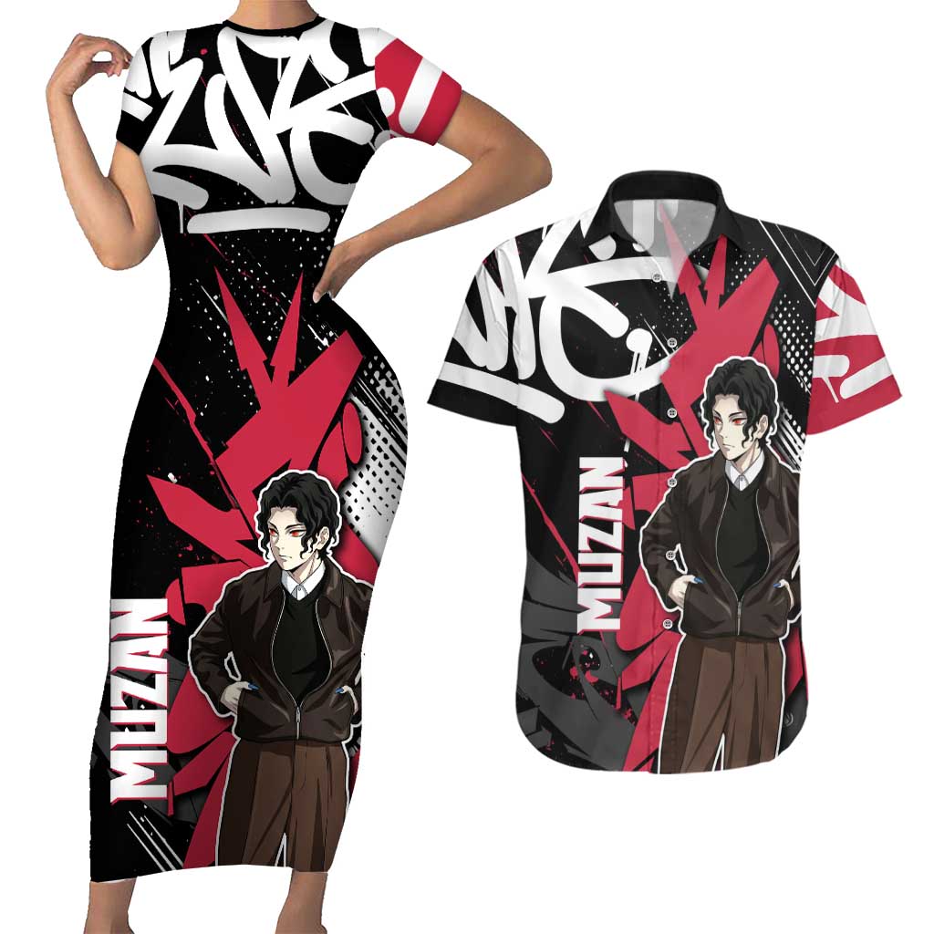 Muzan Demon Slayer Couples Matching Short Sleeve Bodycon Dress and Hawaiian Shirt Red Graffiti Anime Aesthetic