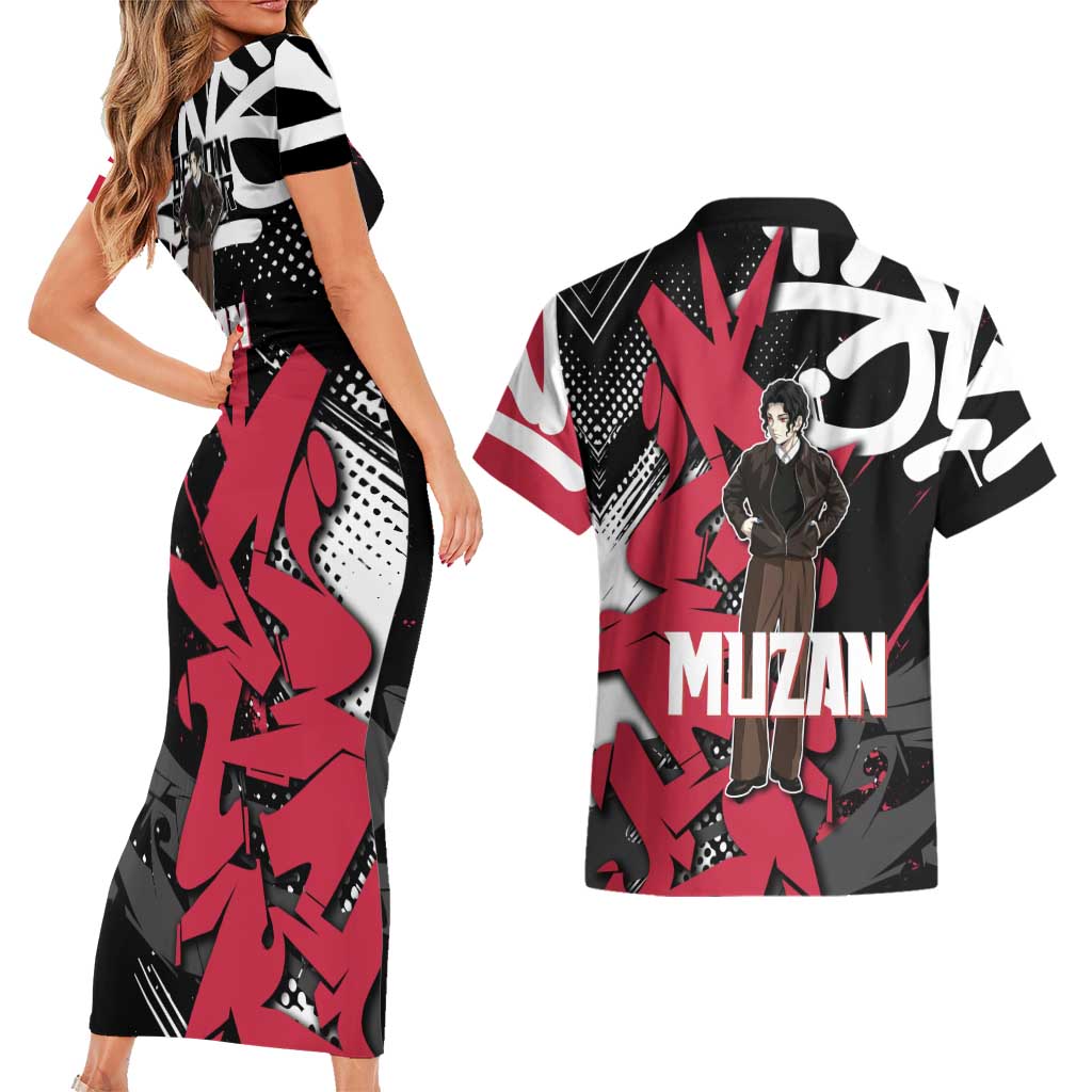 Muzan Demon Slayer Couples Matching Short Sleeve Bodycon Dress and Hawaiian Shirt Red Graffiti Anime Aesthetic