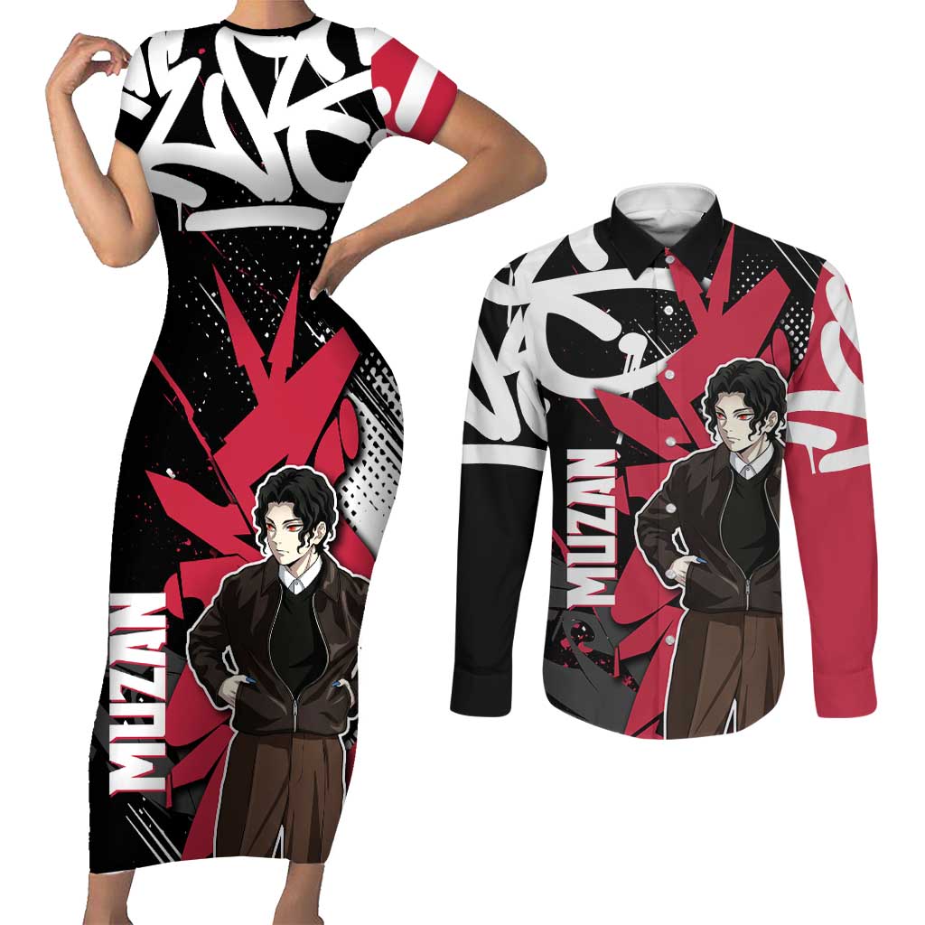 Muzan Demon Slayer Couples Matching Short Sleeve Bodycon Dress and Long Sleeve Button Shirt Red Graffiti Anime Aesthetic